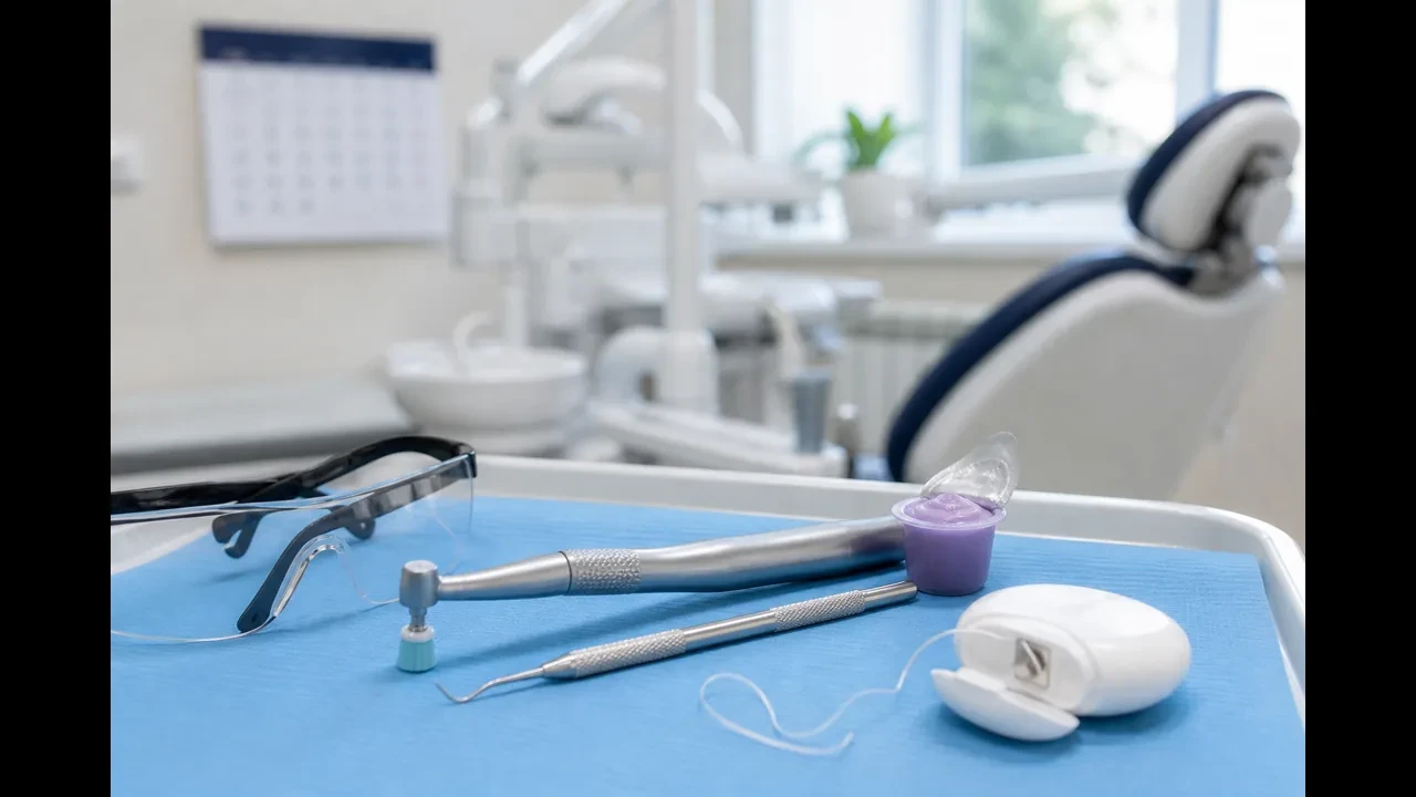 Dental hygienist performing a routine professional cleaning for an adult patient