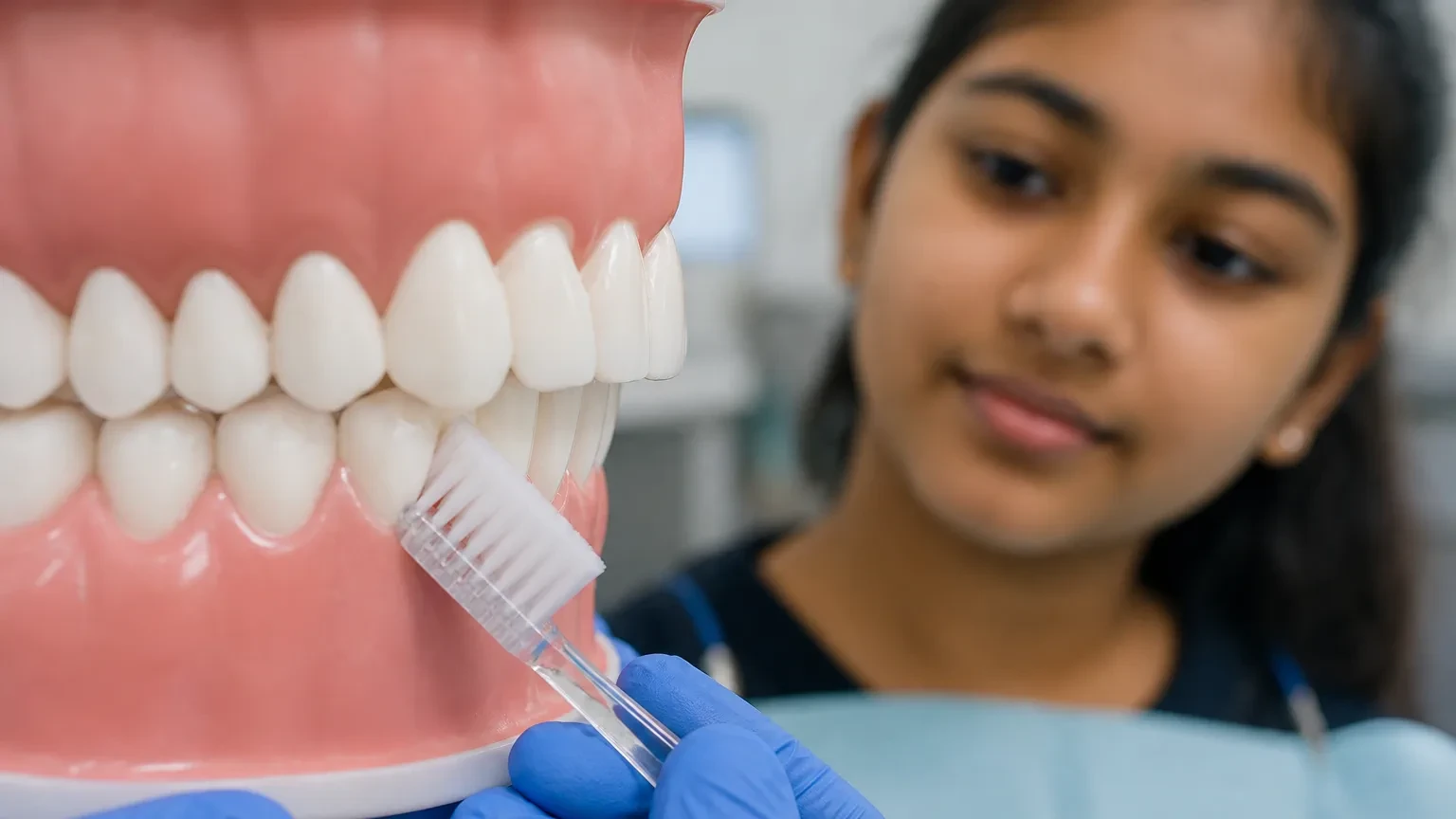 Close view of proper toothbrush angulation along the upper teeth gumline
