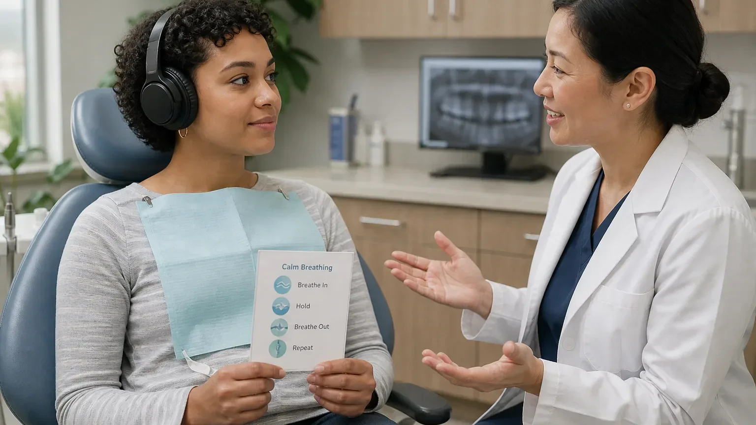Patient practicing slow breathing in a dental chair before a calm appointment