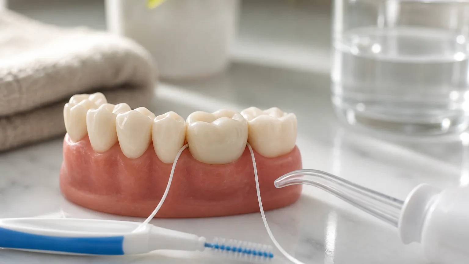 Toothbrush, floss, interdental brush, and crown model on a bathroom counter
