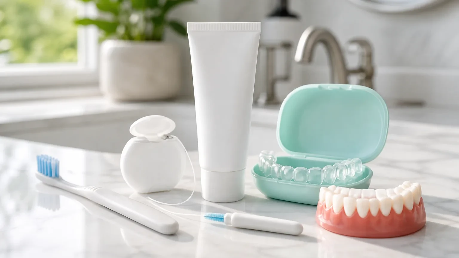 Soft toothbrush, floss, nightguard, and veneer model arranged for veneer care