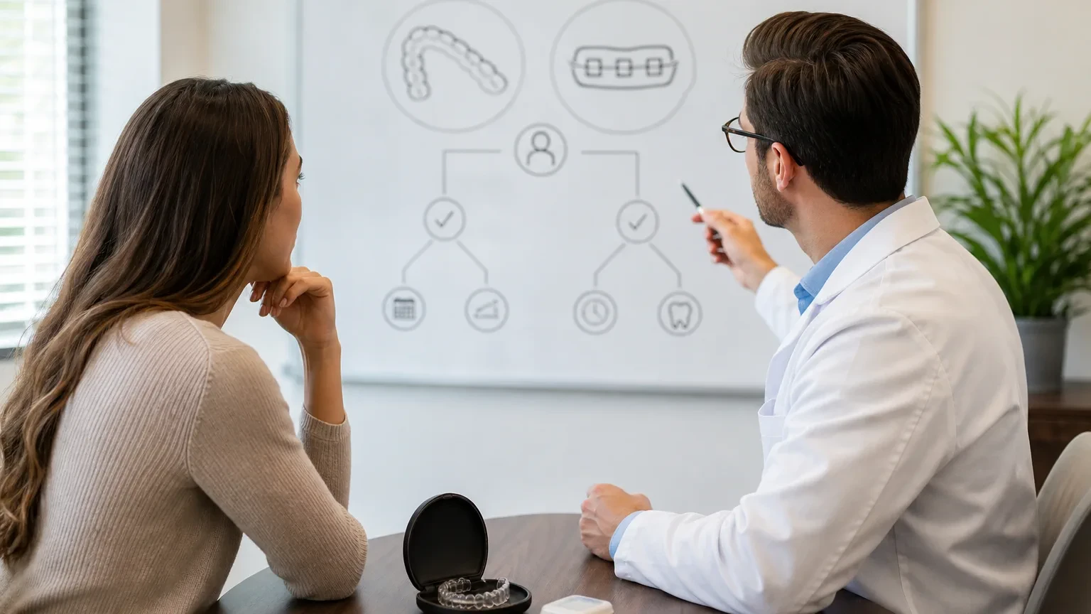 Orthodontist walking a patient through aligner and braces options on a screen