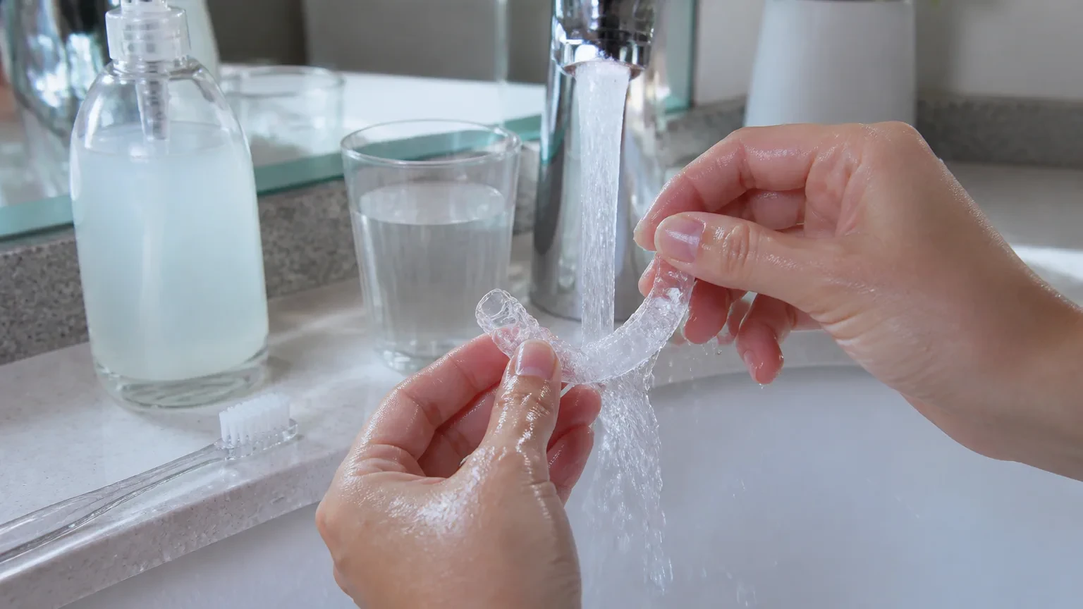 Clear aligner tray being gently brushed over a sink with lukewarm water