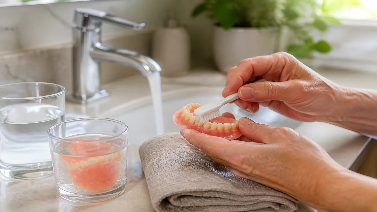 Soft denture brush and cleanser beside a full denture on a clean counter