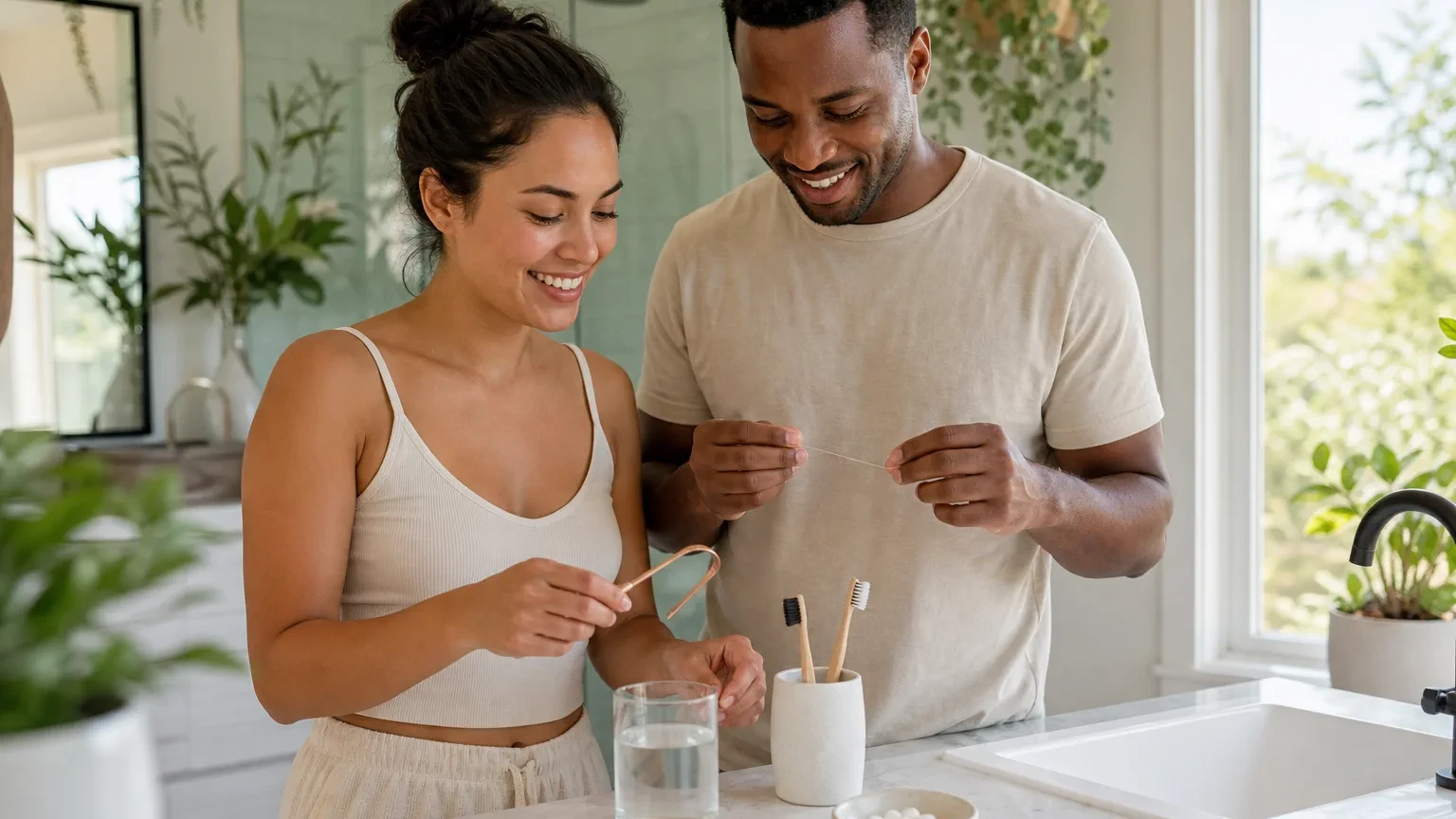 Tongue cleaning and flossing supplies used to address bad breath at home