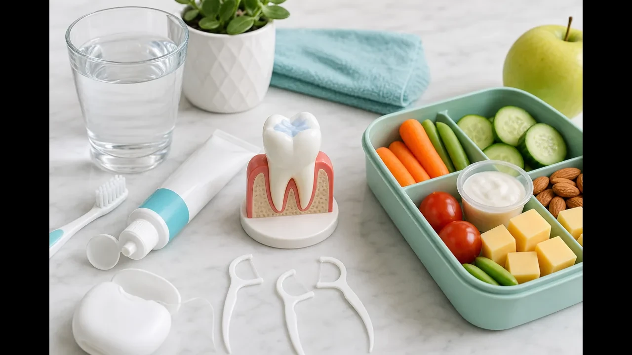 Flat lay of fluoride toothpaste, floss, and water representing a cavity prevention routine