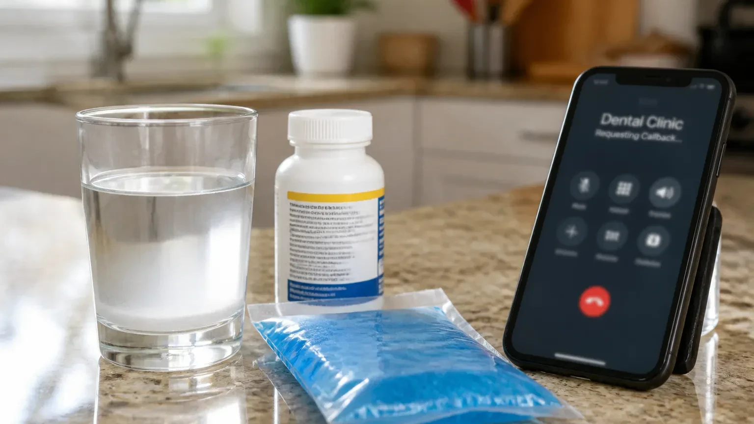 Toothache relief supplies with salt water, soft toothbrush, and phone for dental triage