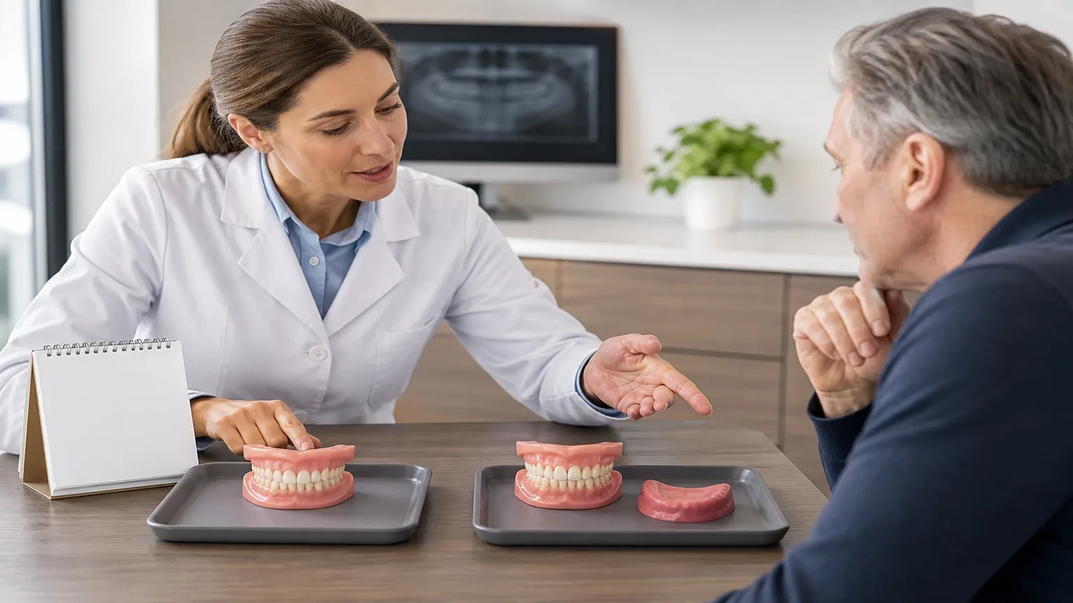 Side-by-side models comparing immediate and conventional full dentures