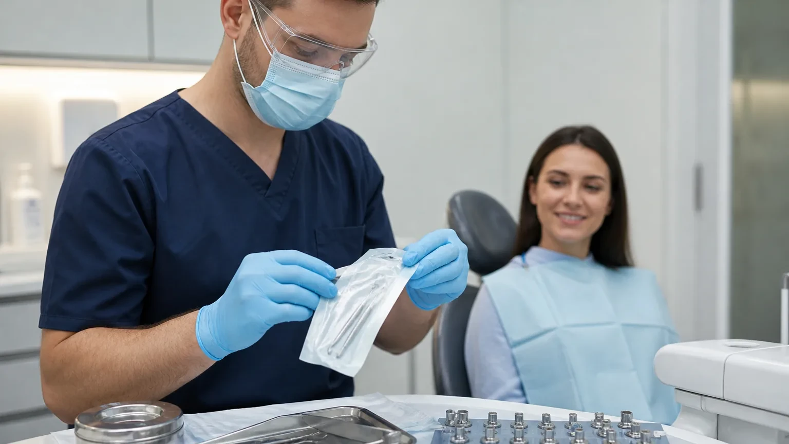 Dentist explains root canal safety using a tooth diagram and clean treatment setup