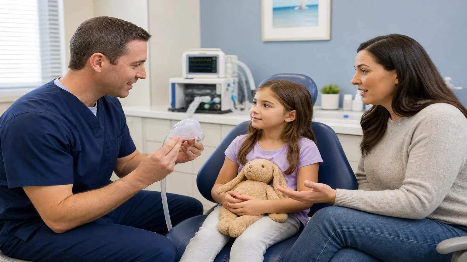 Pediatric dental team reviewing monitoring equipment before a child's sedation visit