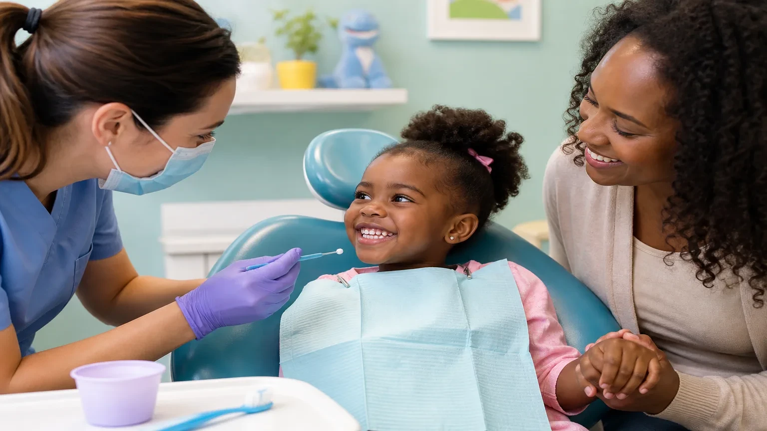 Parent placing a pea-sized amount of fluoride toothpaste on a child's toothbrush