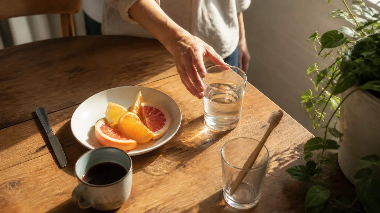 Water glass and toothbrush timed after a citrus meal for safer brushing