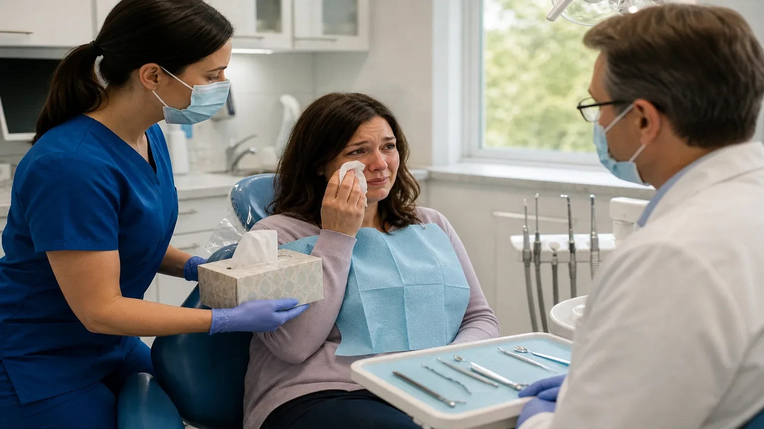 Dentist offering a tissue and a pause to a teary patient in the dental chair