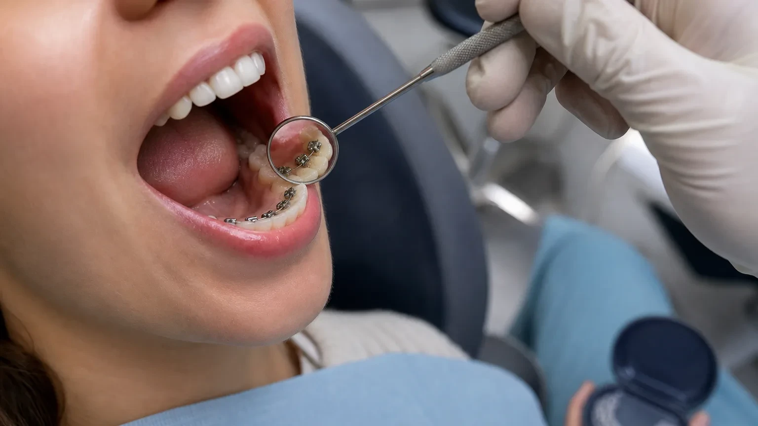 Dental model showing tongue-side lingual braces next to a clear aligner tray