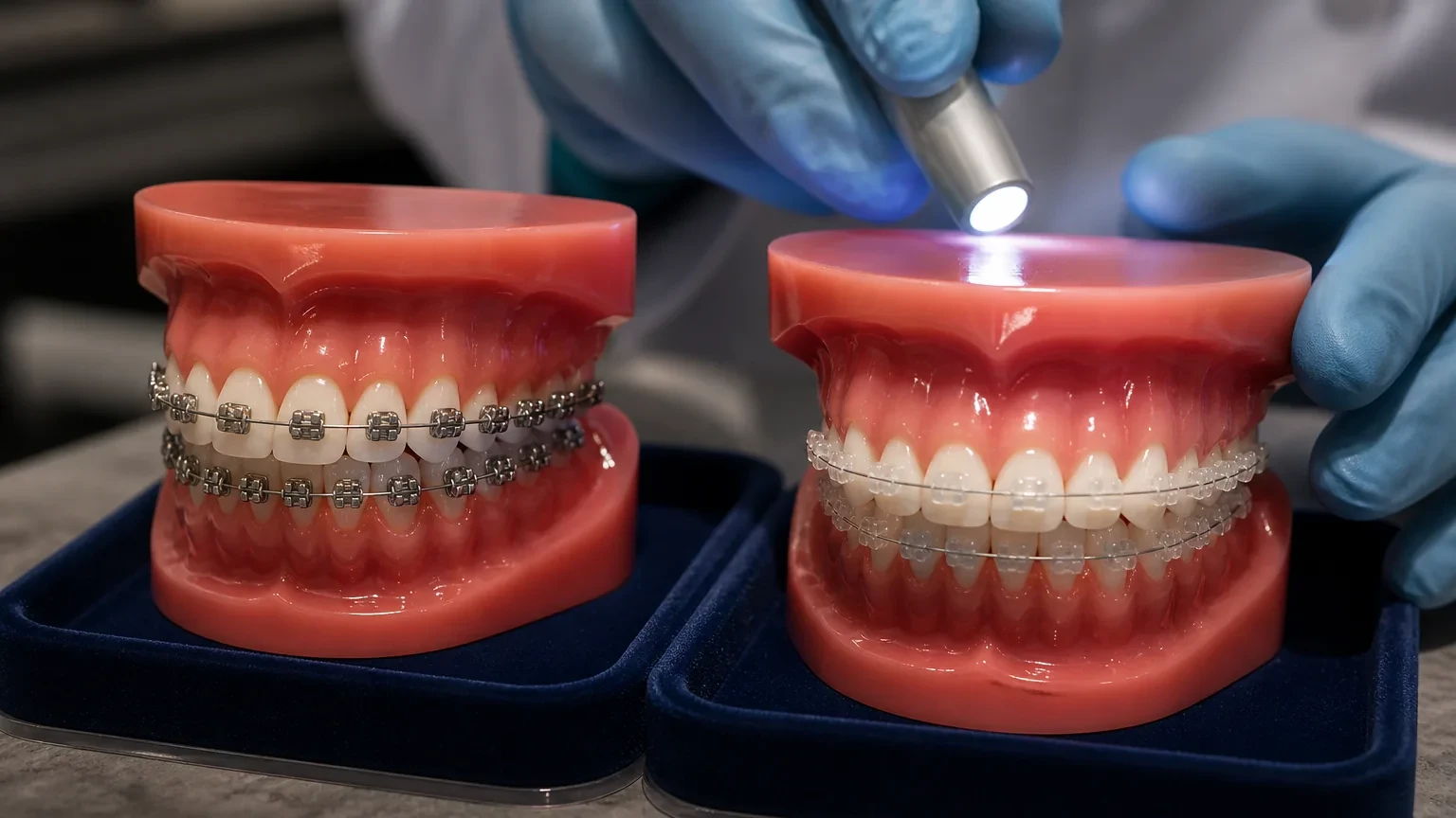 Metal braces and ceramic braces displayed side by side for comparison