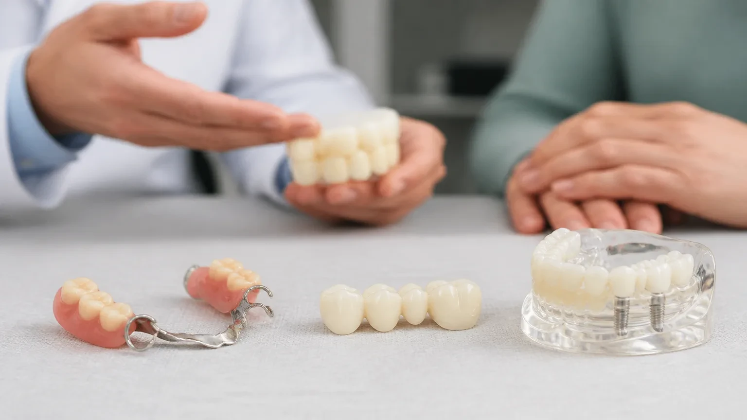 Dental models comparing a removable partial denture and a fixed bridge