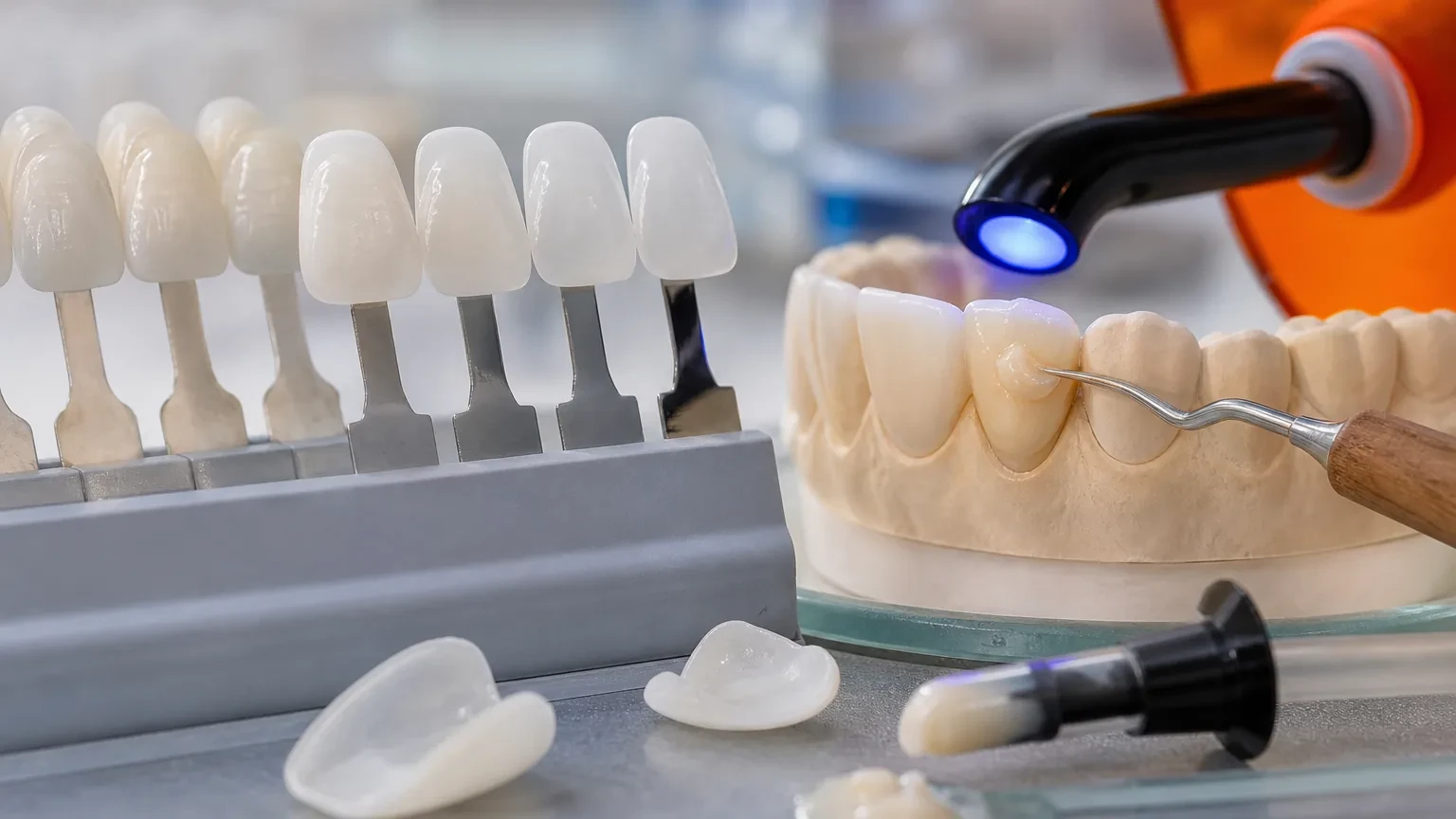 Porcelain veneer shells and composite resin shade tabs arranged for cosmetic comparison