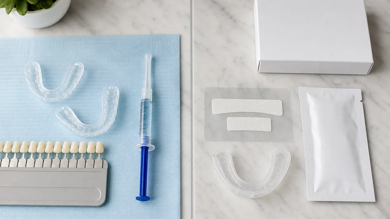 Professional whitening tray and over the counter whitening strips compared on a dental counter