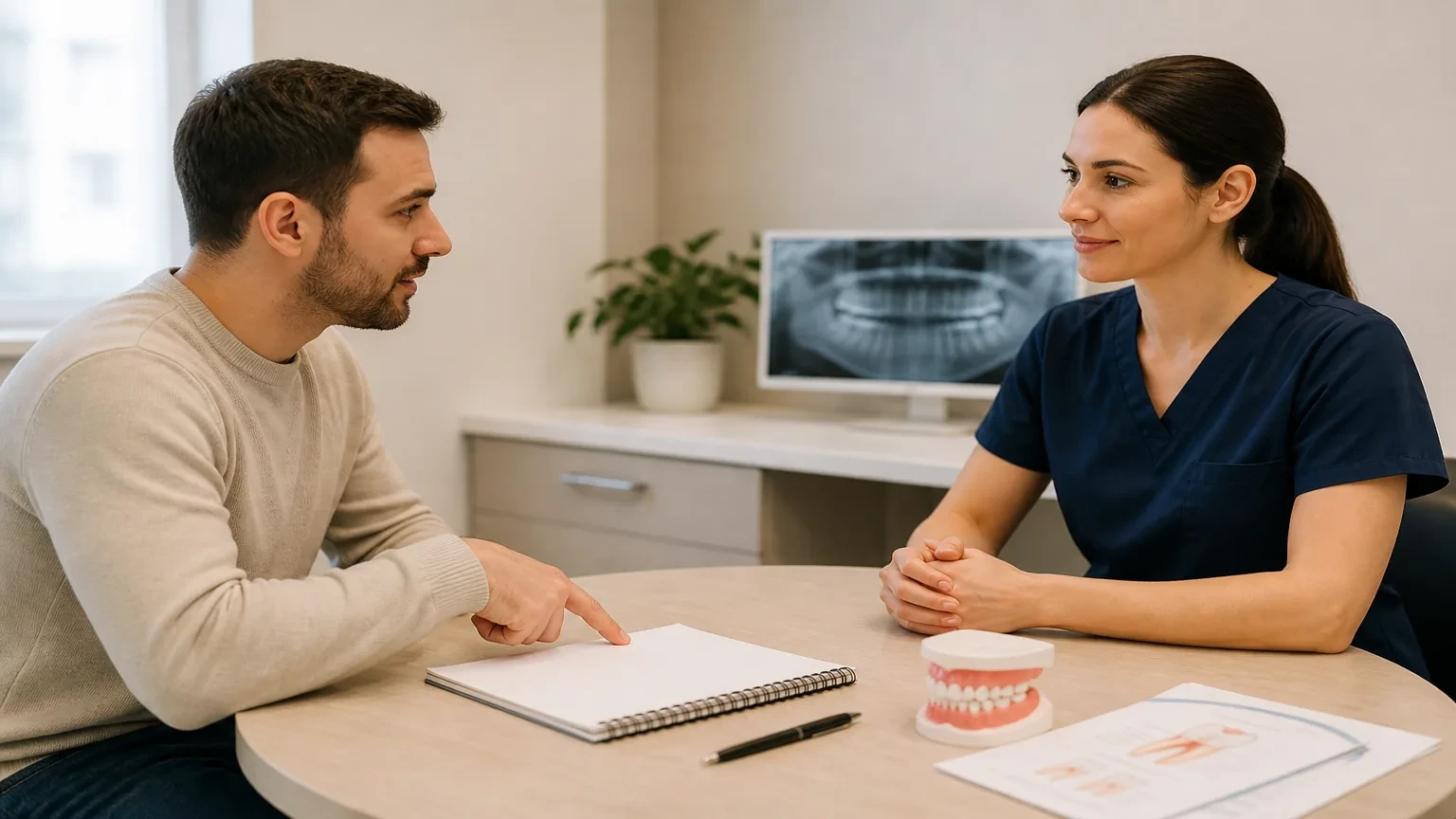 New patient holding a written list of questions at a dental consultation