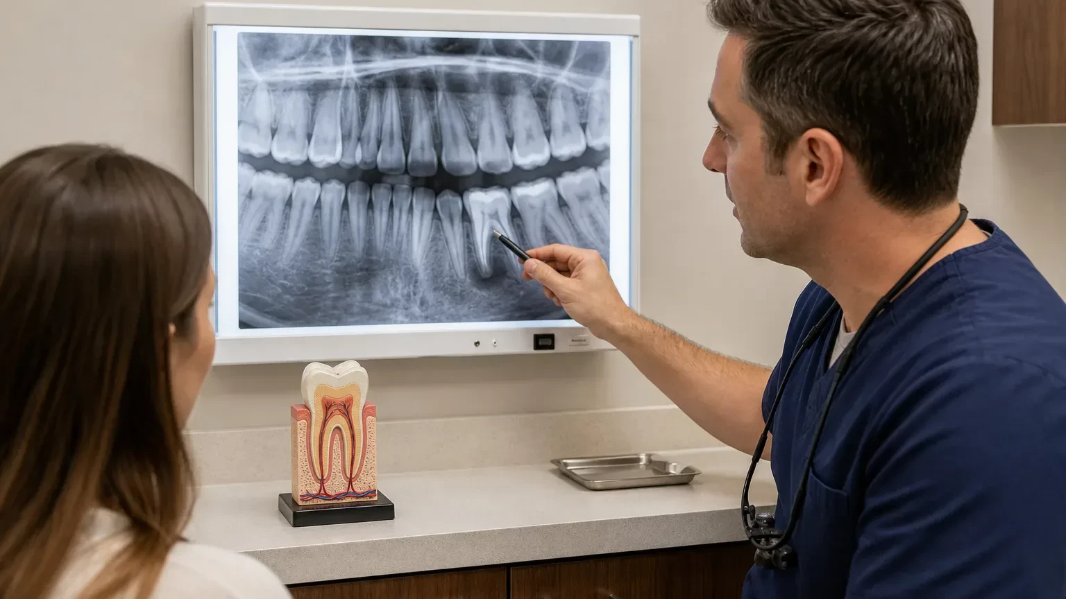 Dentist reviewing an X-ray for swelling and tooth abscess diagnosis