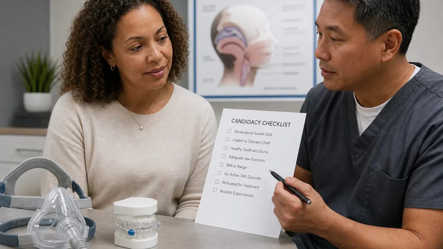 Dentist reviewing dental and sleep history to assess oral appliance candidacy