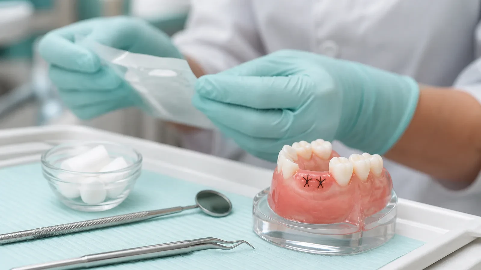 Close view of healing gums with sutures after a surgical tooth extraction