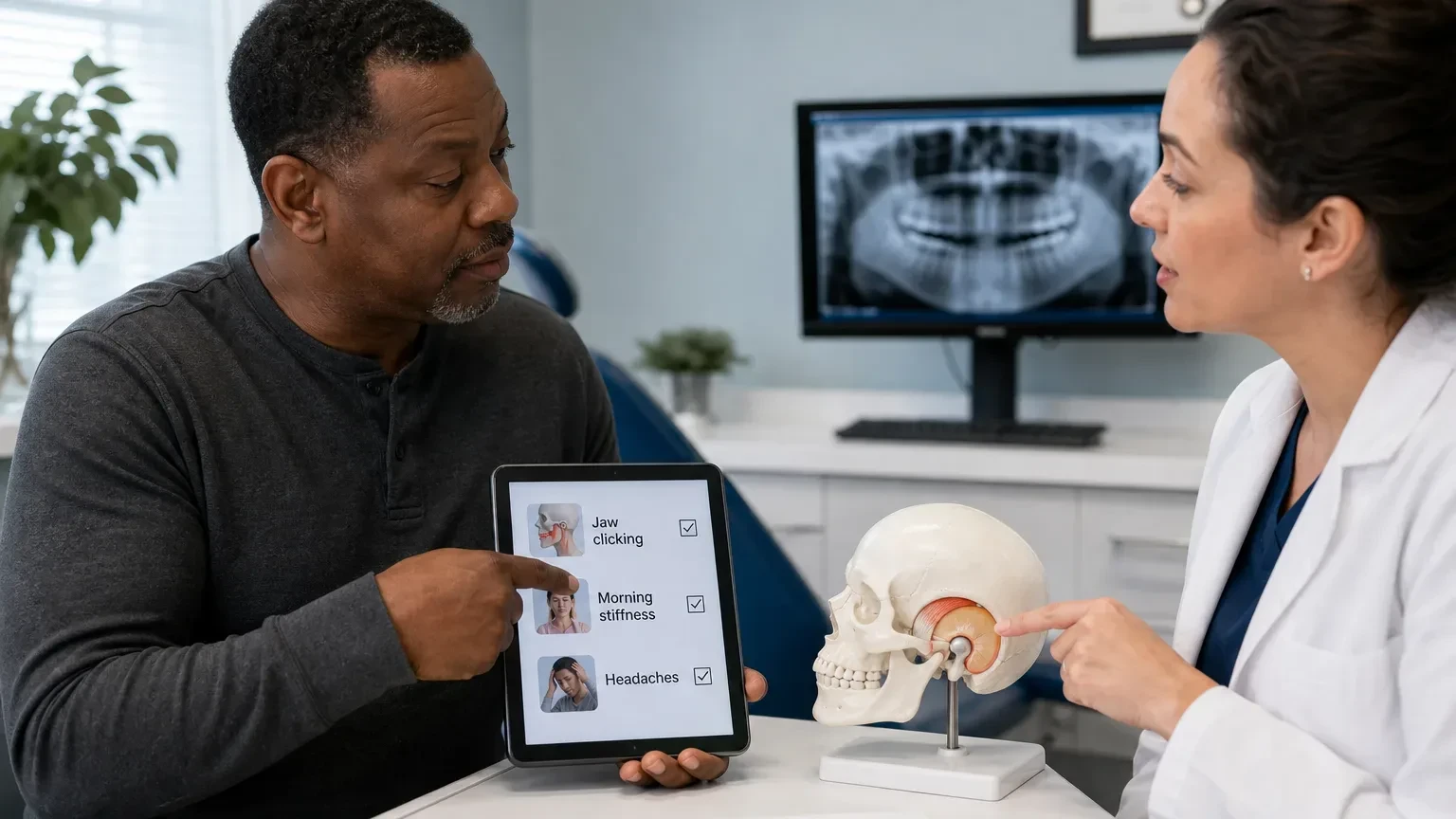 Person gently touching the jaw joint area in front of the ear during a TMJ symptom check