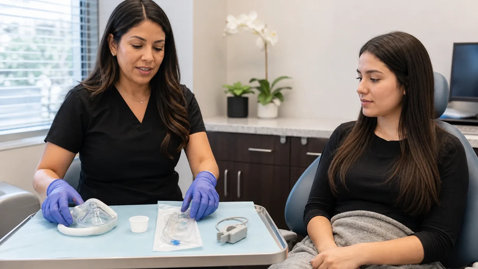 Dentist reviewing sedation options with a patient before an oral procedure