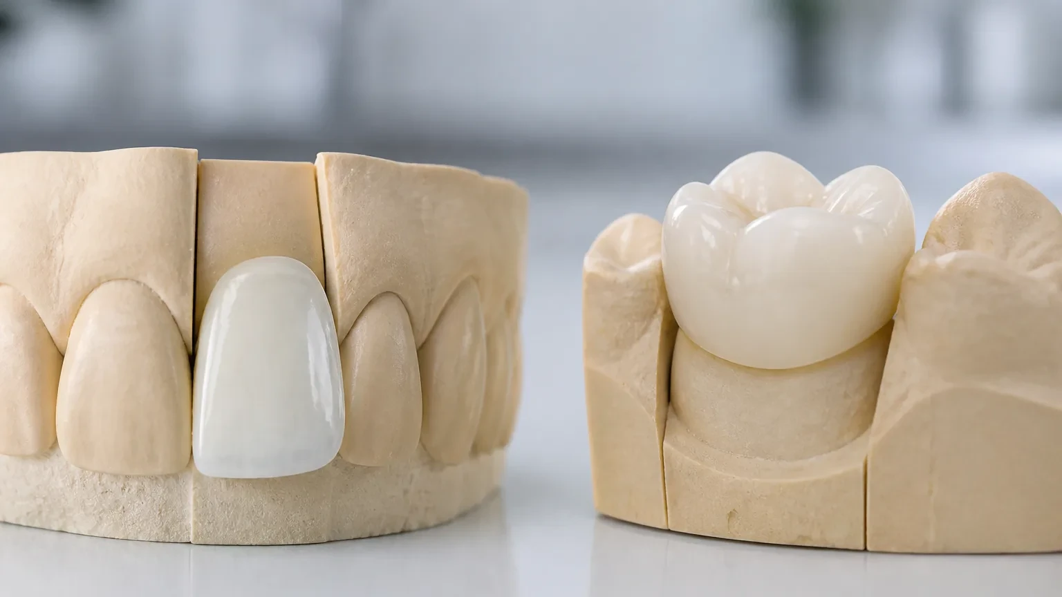 Veneer shell and full dental crown displayed beside a prepared tooth model