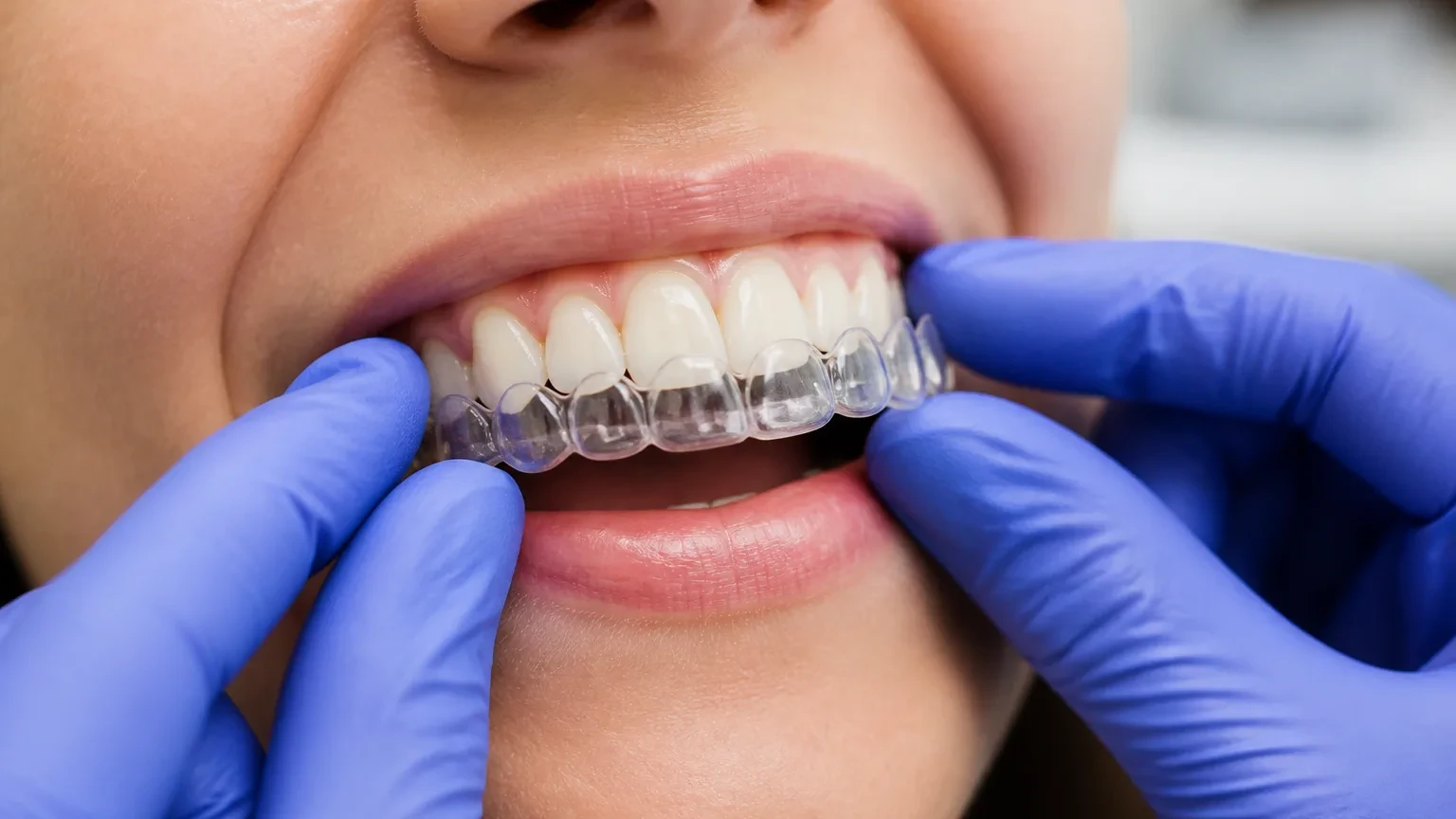 Close-up of tooth-colored clear aligner attachments on front teeth with a tray nearby