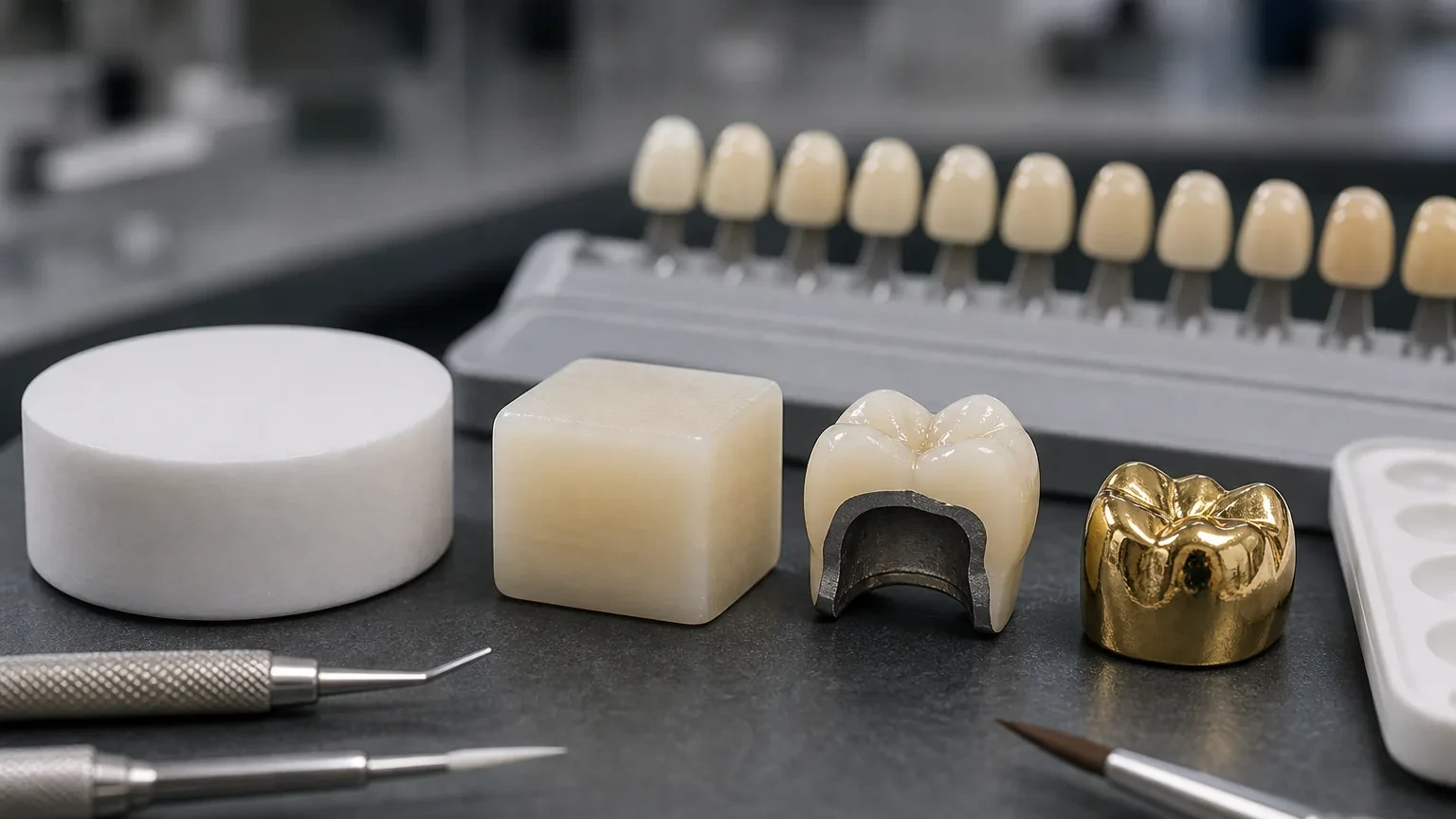 Dental crown material samples including zirconia, porcelain, and metal crowns