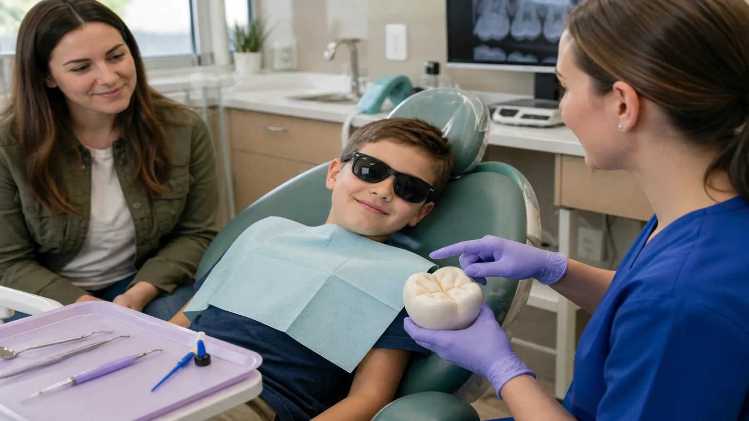 Child's molar model showing a clear dental sealant over deep grooves