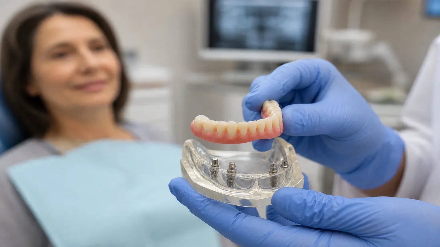 Model of a lower implant-supported overdenture snapped onto two implants