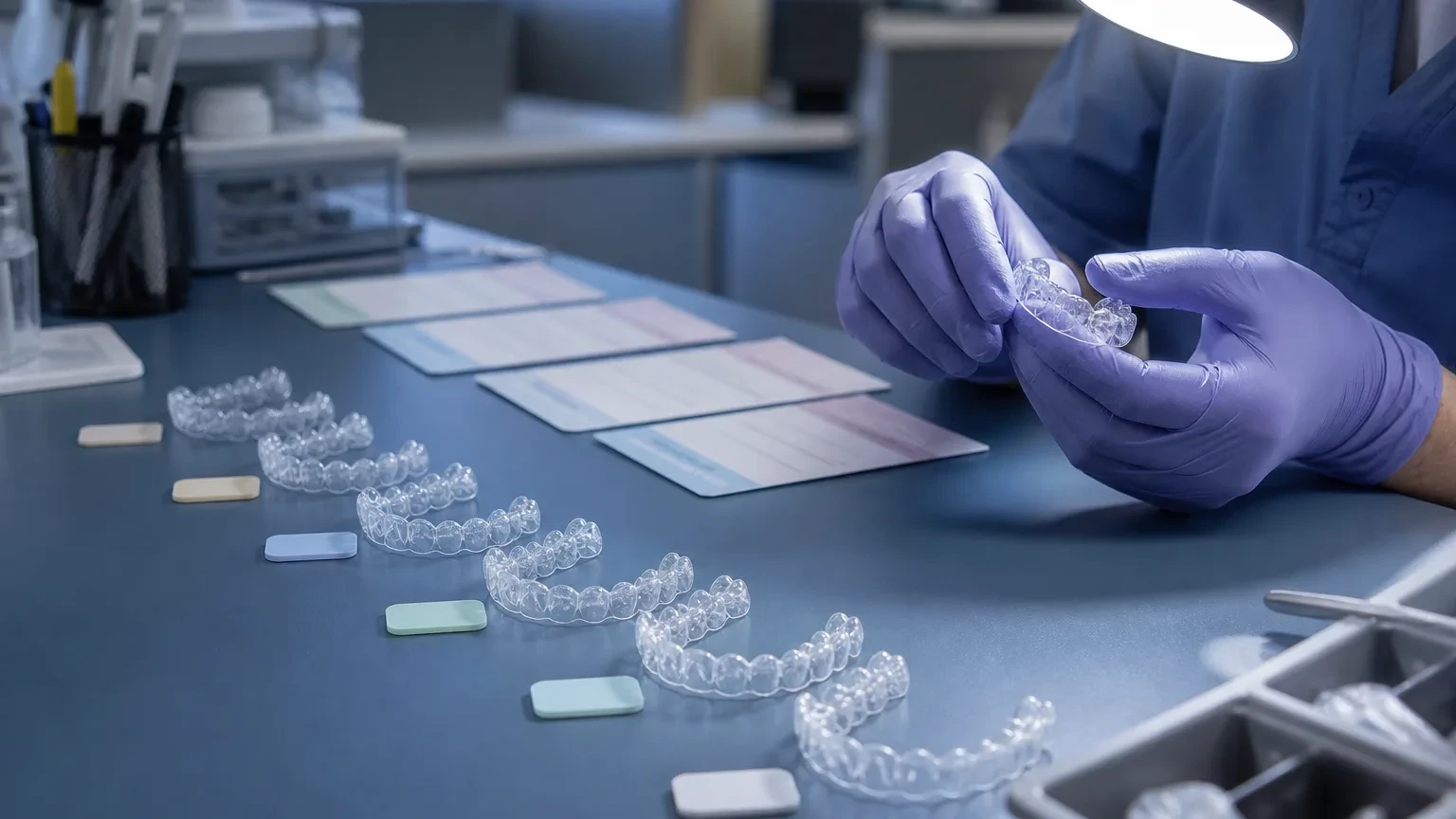 New clear aligner set beside a progress scan on an orthodontic computer screen