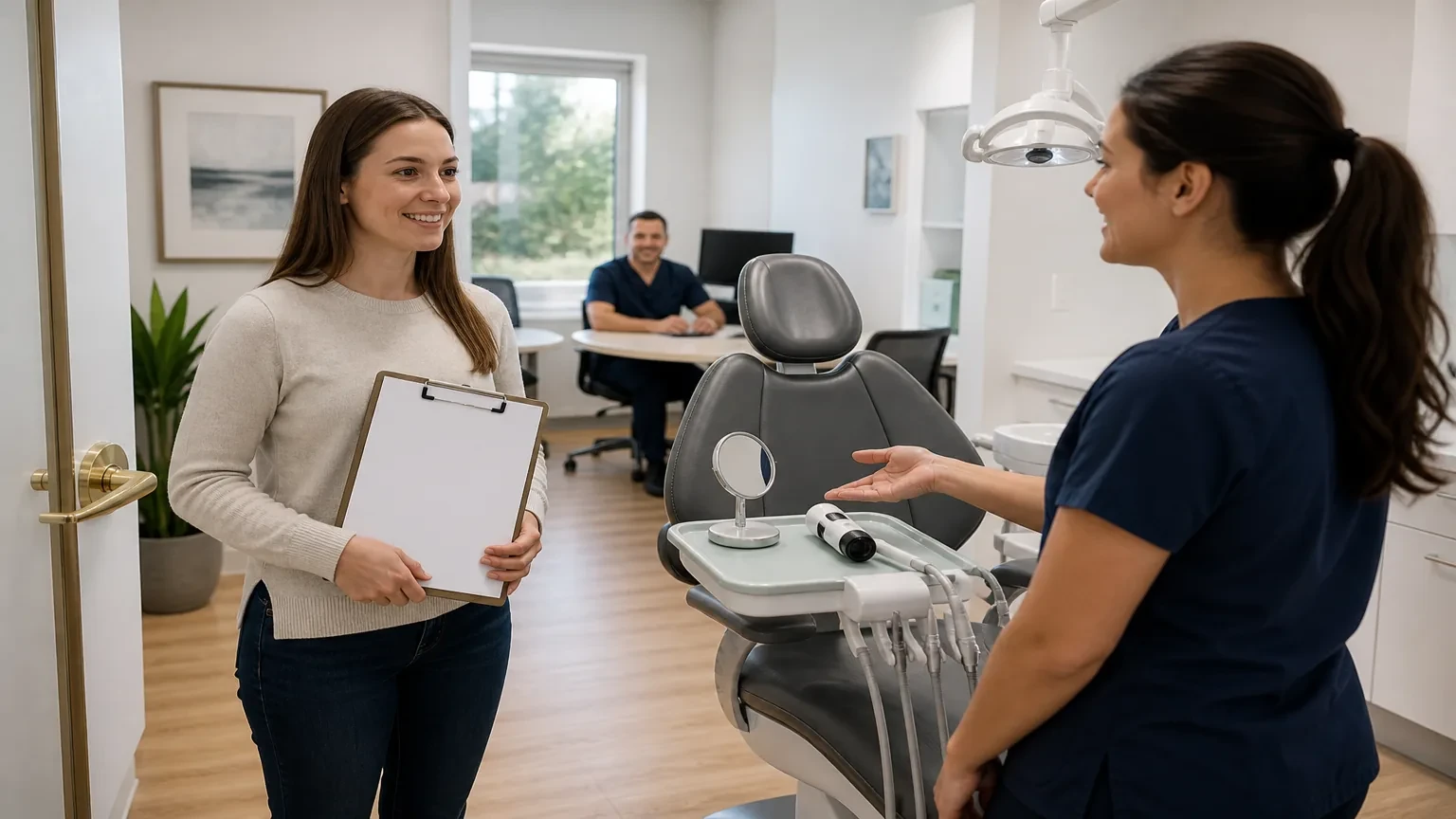 New patient reviewing a first-visit dental exam plan with a hygienist