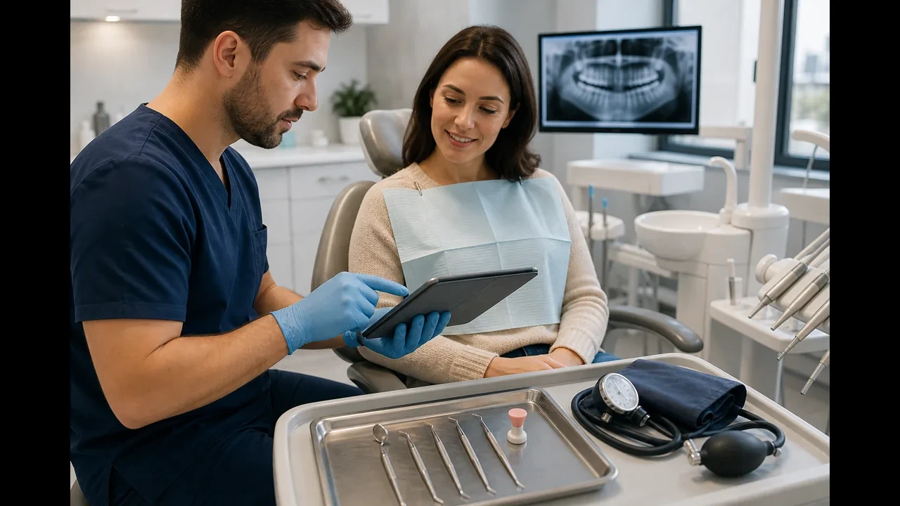 Dentist performing an oral exam during a routine adult dental checkup
