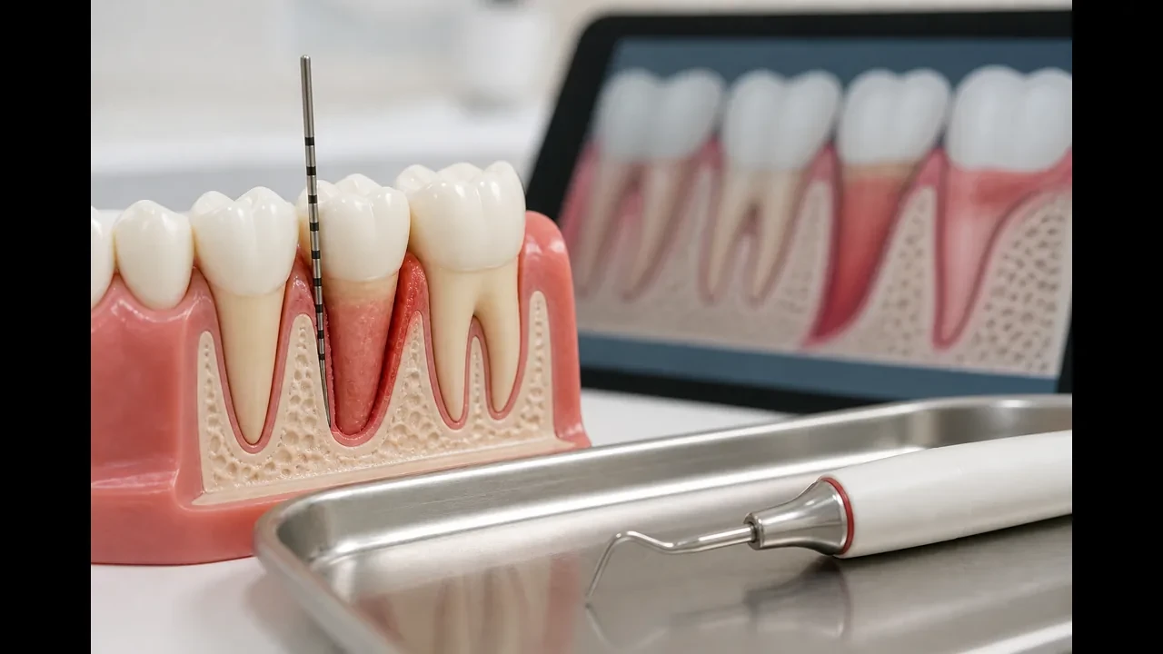 Dental hygienist performing scaling below the gumline during a deep cleaning
