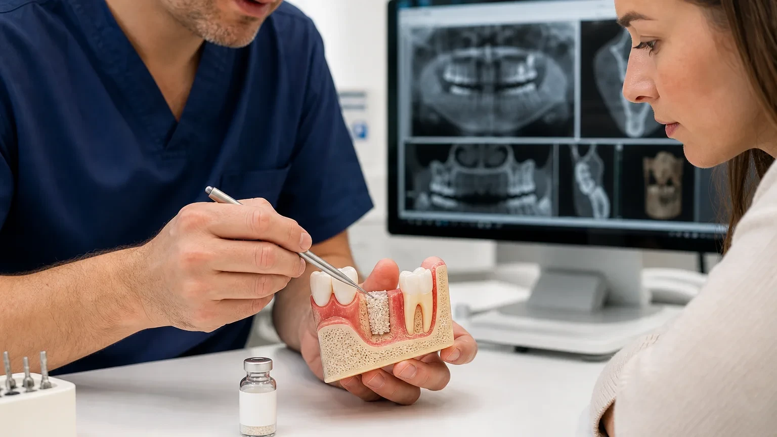 Diagram-style model showing dental bone graft material placed in a jaw socket