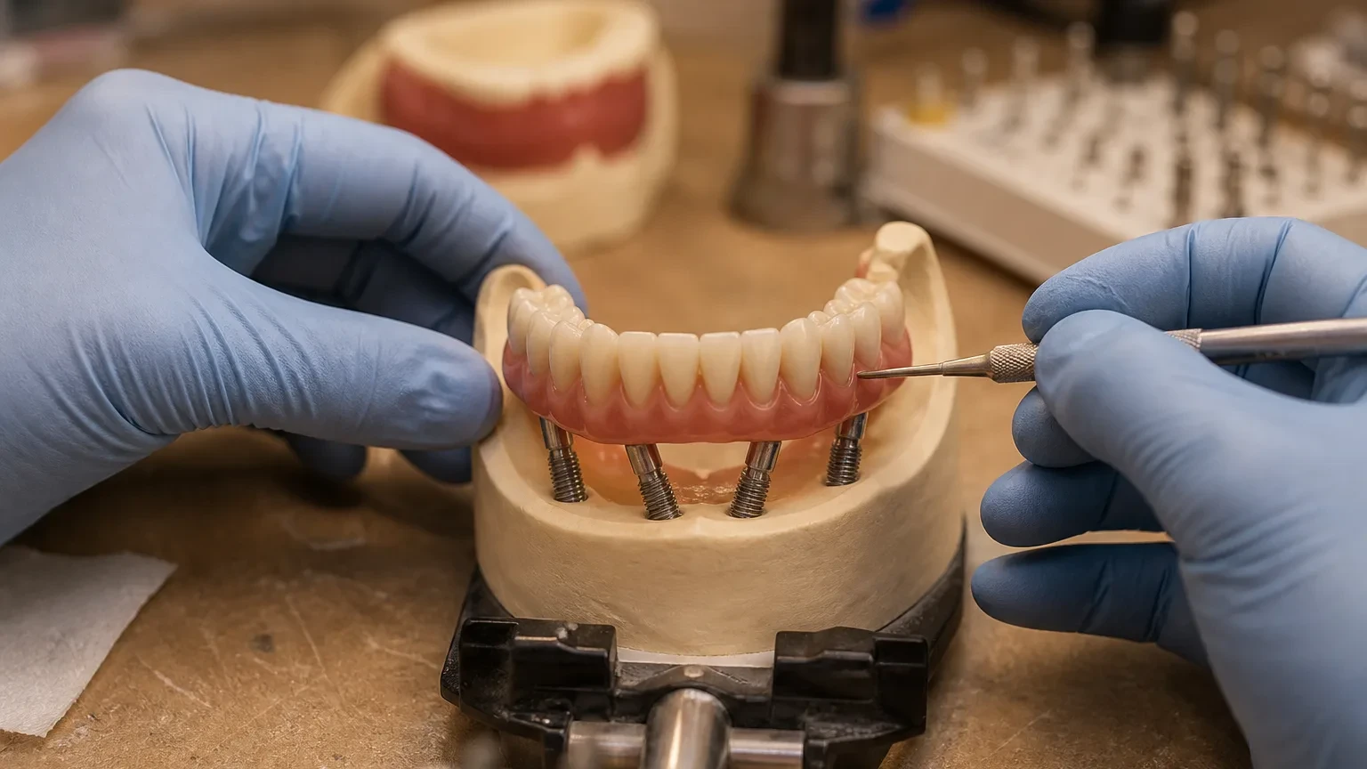 Full-arch All-on-4 dental implant prosthesis model on four implants