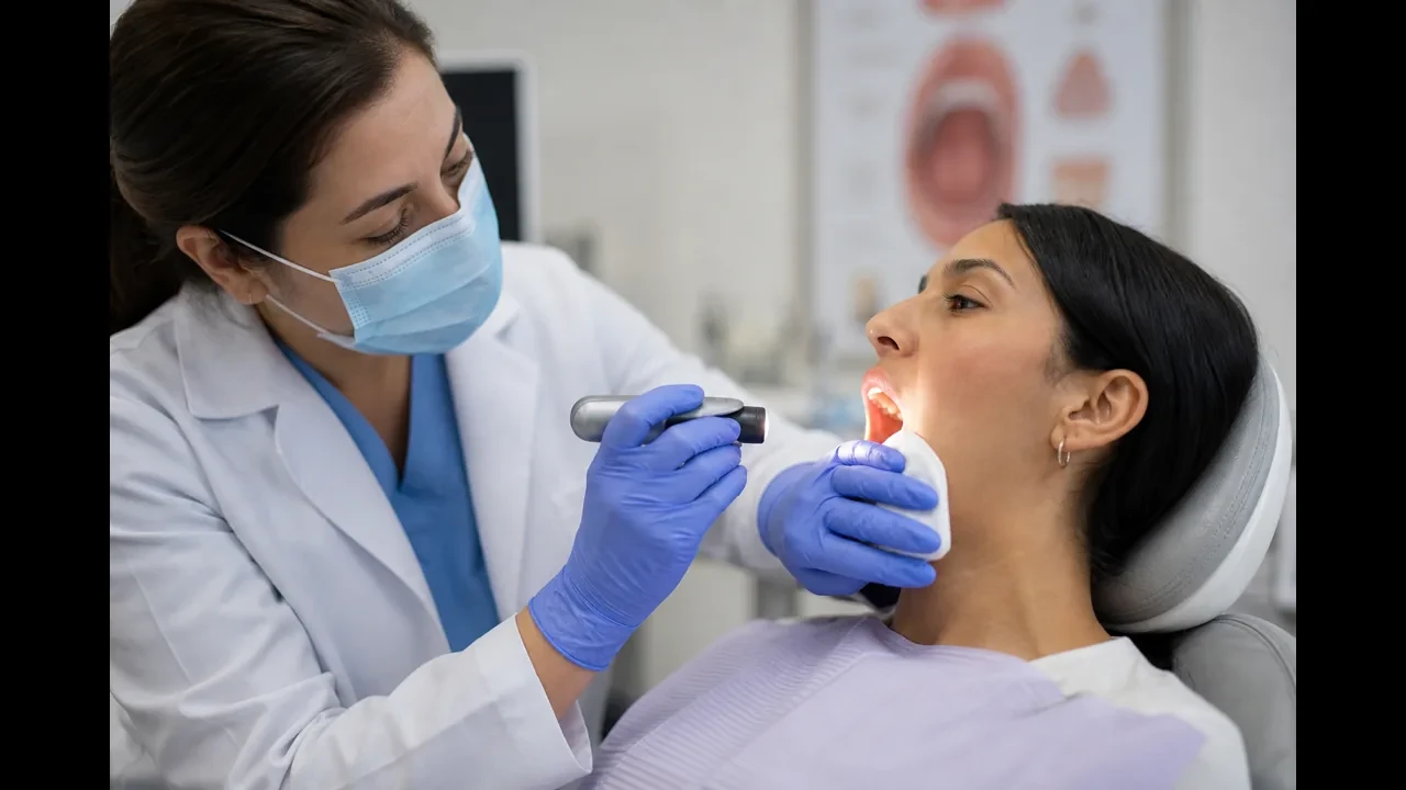 Dentist examining the tongue and floor of the mouth during an oral cancer screening