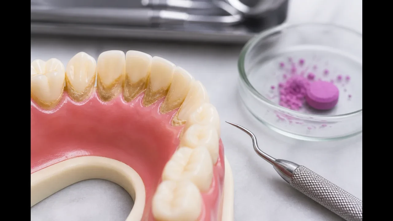 Close view of dental calculus deposits along the lower front teeth gumline