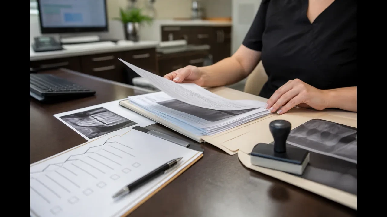 Dental team preparing preauthorization X-rays and forms for an insurance review