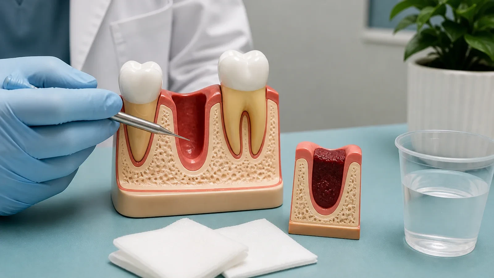 Dentist examining an extraction site while explaining dry socket symptoms