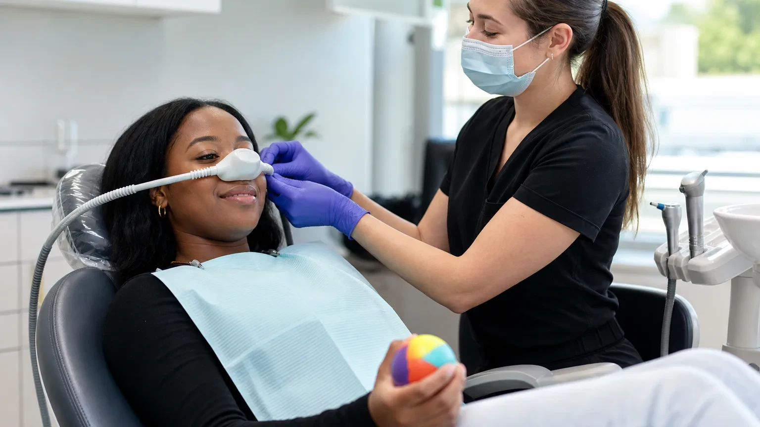 Dental nitrous oxide nasal mask resting beside an oxygen flow meter in a treatment room