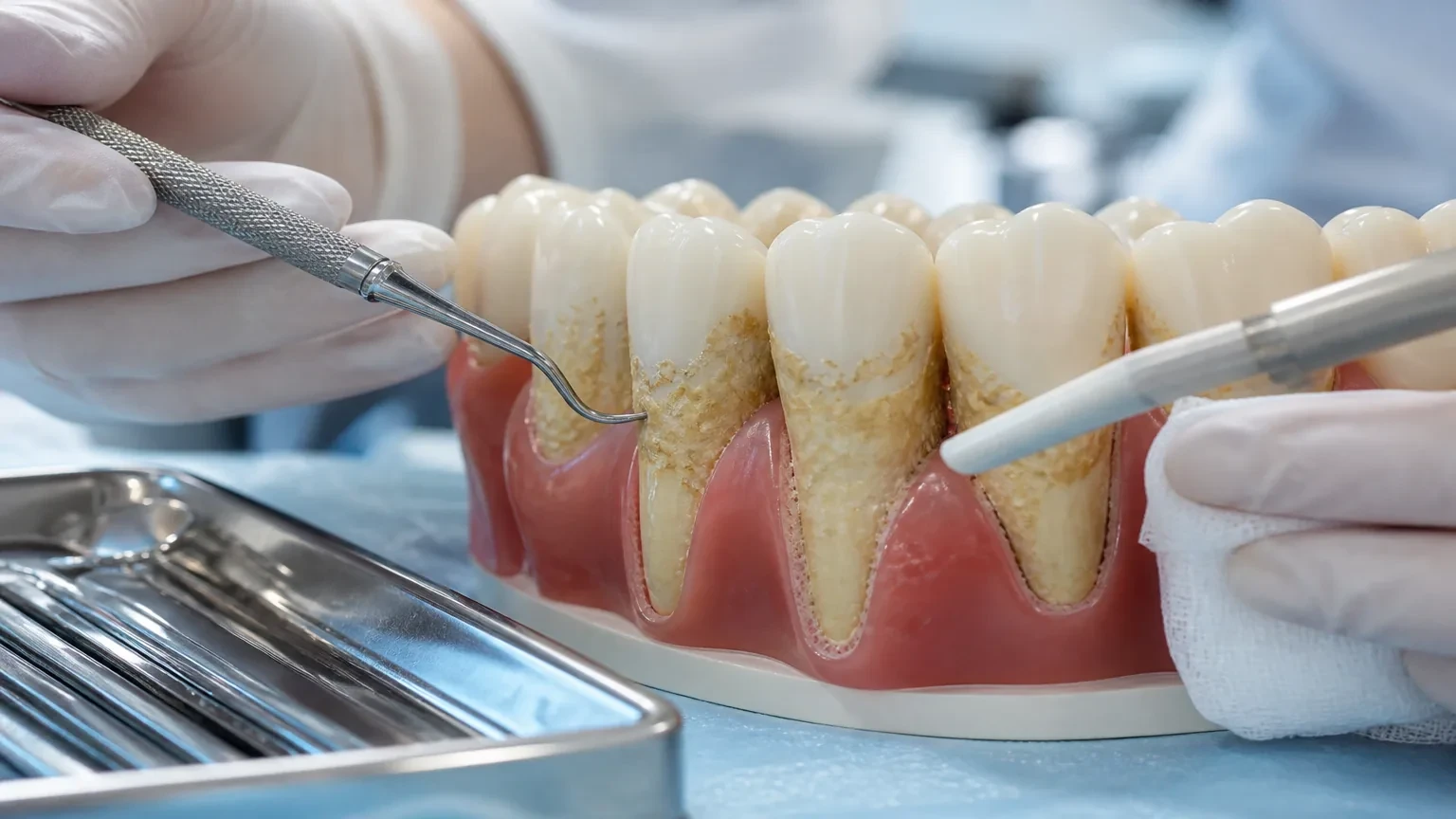 Dental hygienist using periodontal instruments during scaling and root planing