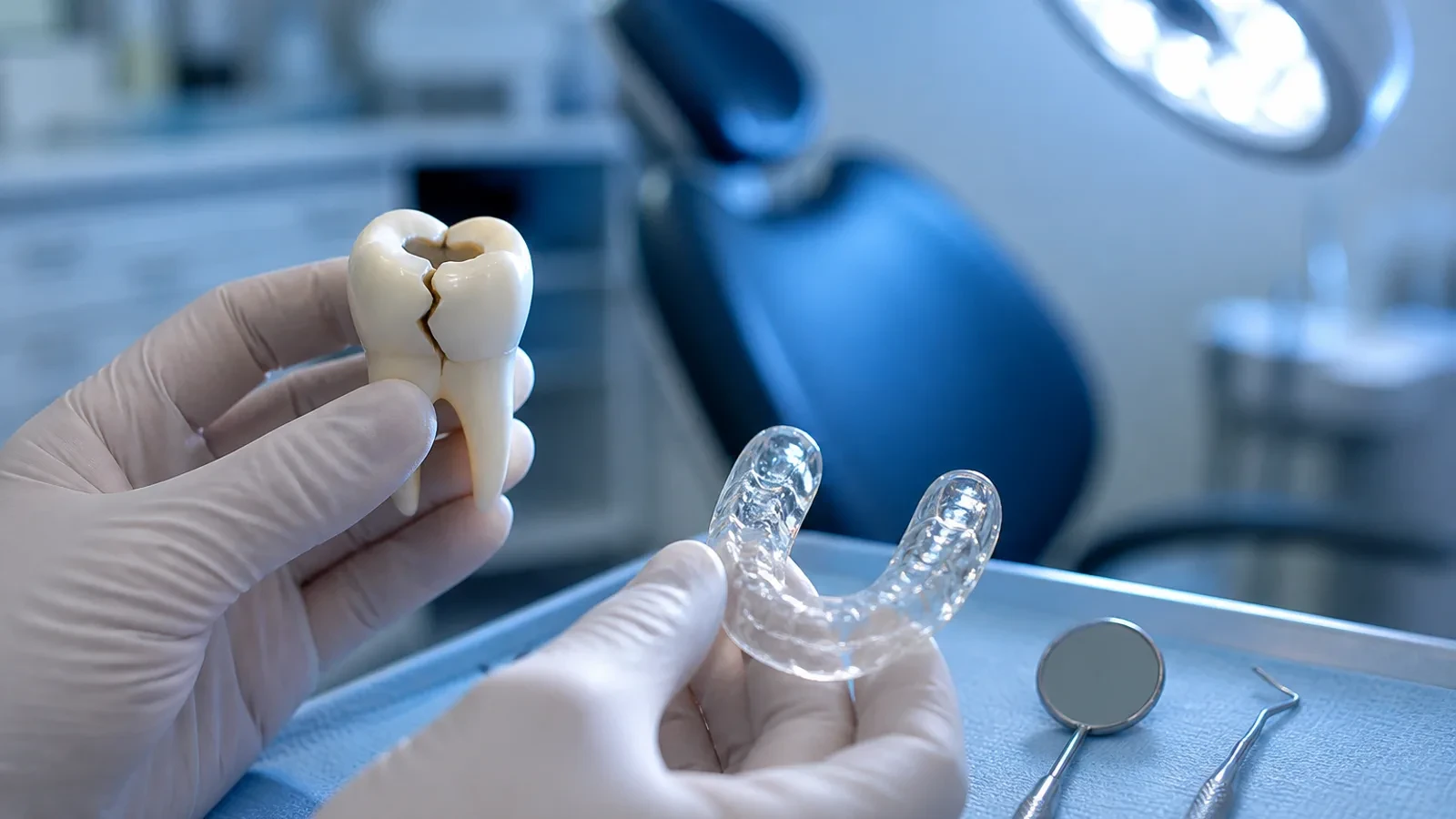 Broken tooth fragment in a small container beside dental wax and mirror