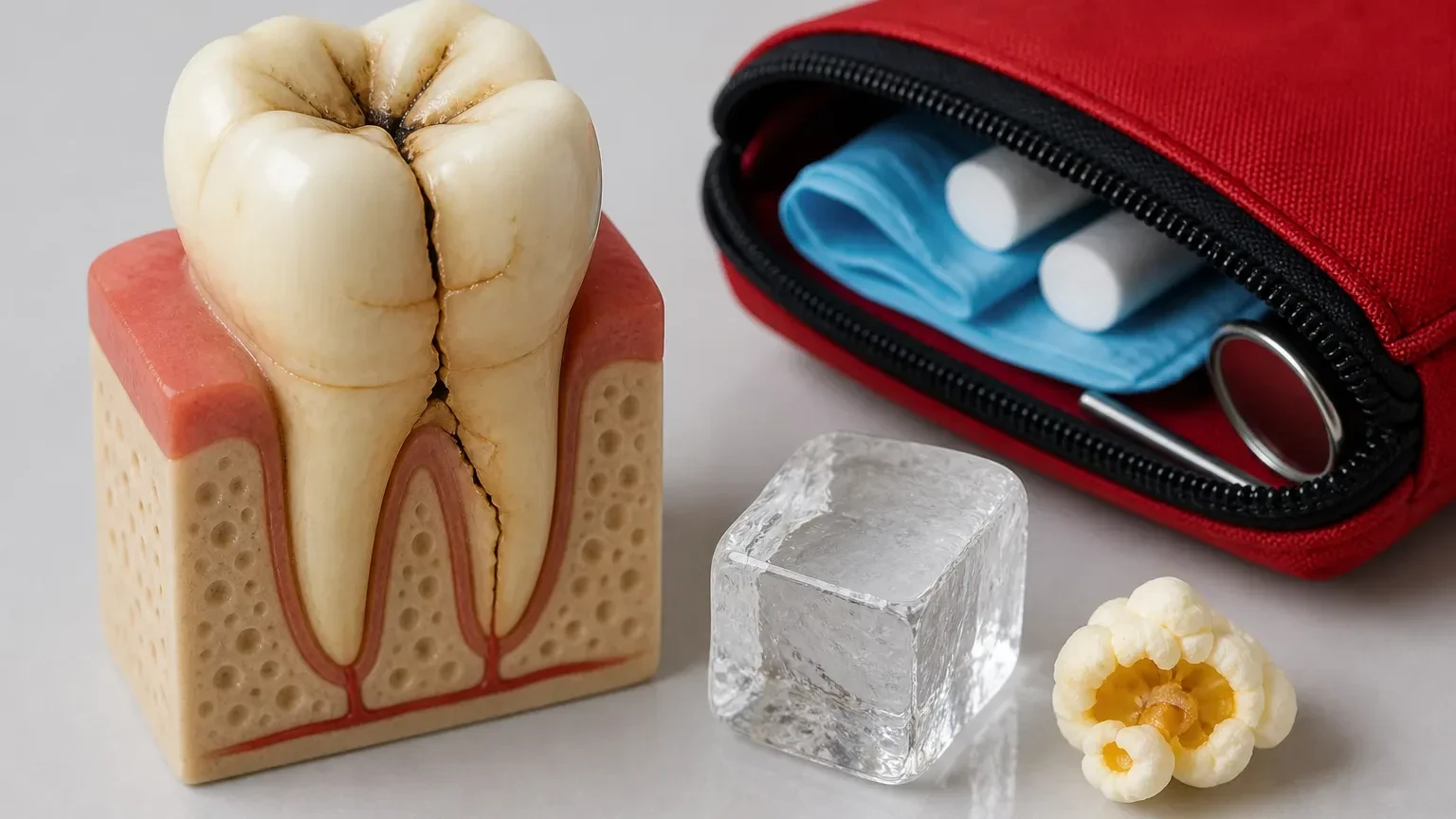 Cracked molar model beside bite paper and dental mirror for diagnosis
