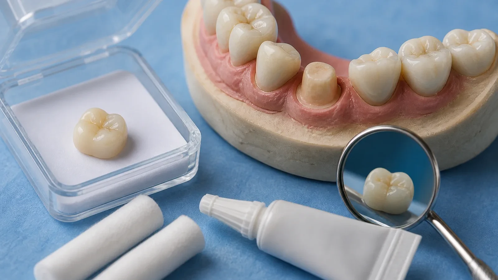 Dental crown in a small case beside temporary cement and a molar model