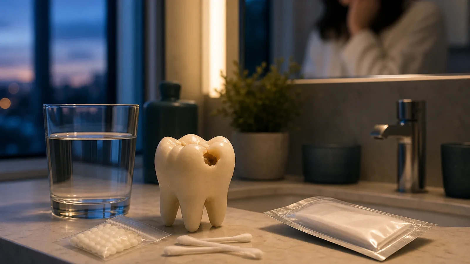 Lost dental filling model with temporary filling material and floss on a sink