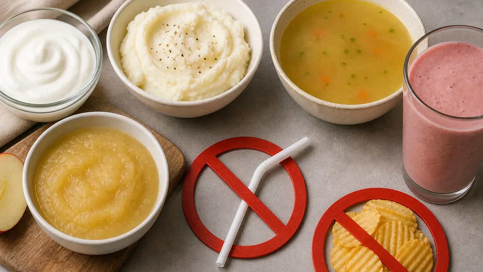 Yogurt, scrambled eggs, and mashed foods prepared for post-extraction meals